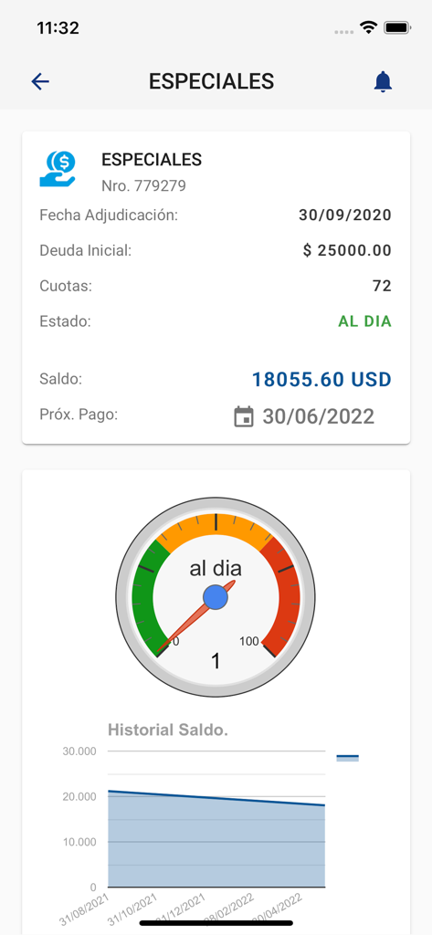 Cacspmec Móvil - Pantalla de Cacspmec Movil que muestra los detalles del saldo del crédito y el medidor de estado del pago