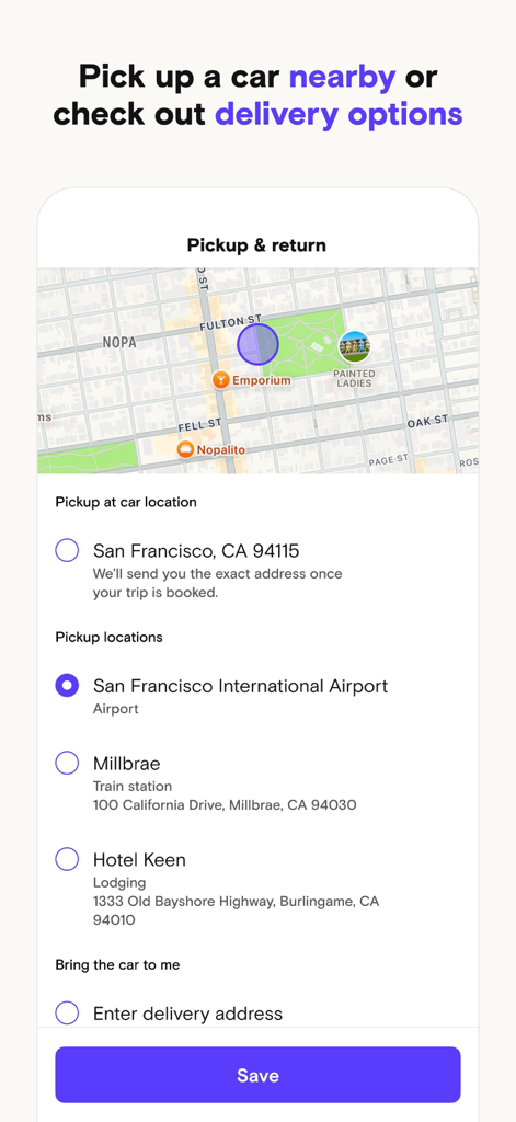Turo app screen showing map and various car pickup and delivery location options including airport and hotel delivery