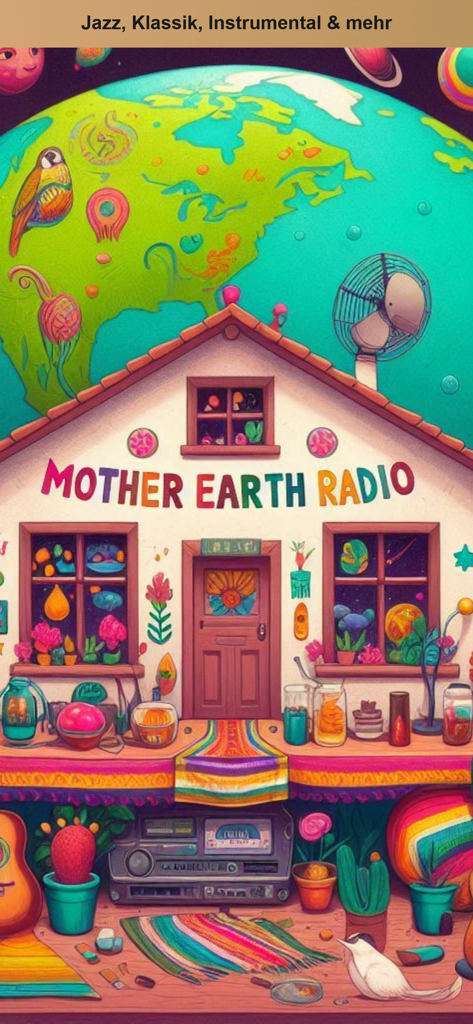 Mother Earth Radio - Colorful folk-style illustration for the Mother Earth Radio music app featuring a house and vintage audio gear.