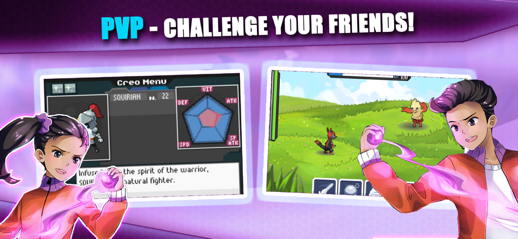 EvoCreo game screen showing PVP challenge mode with monster stats and battle arena