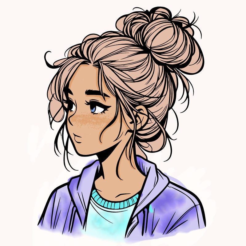 realistic teenage girl with a messy bun