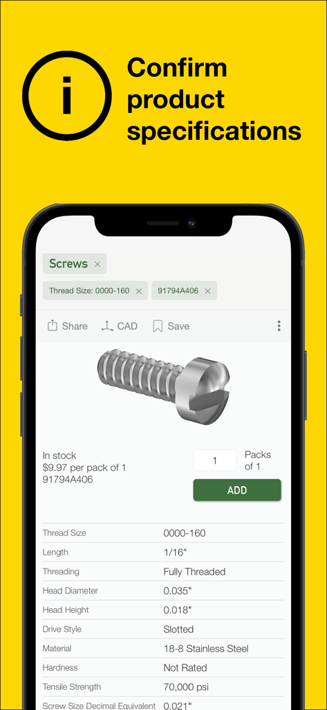 McMaster-Carr - L'app McMaster-Carr visualizza specifiche tecniche dettagliate e un modello 3D per una vite in acciaio inossidabile