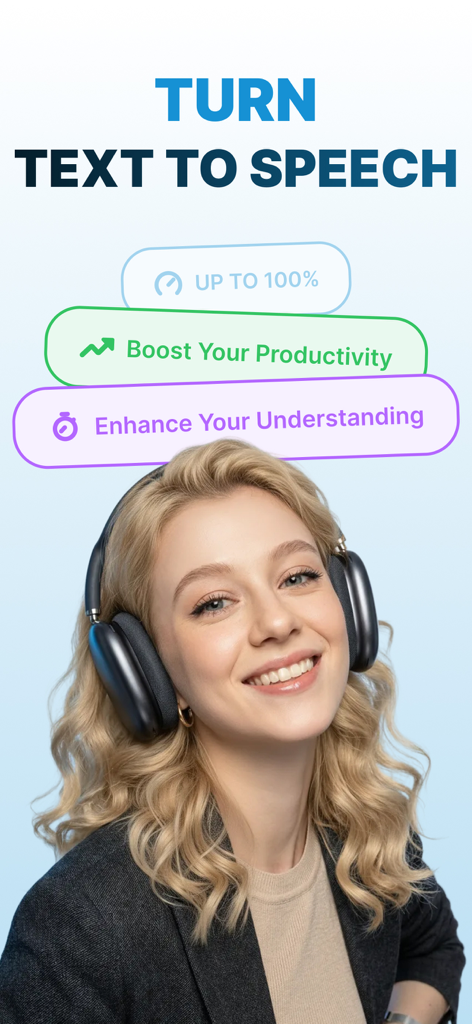 Lisy AI: Text to Speech - A smiling woman wearing headphones with text saying Turn Text to Speech and Boost Your Productivity
