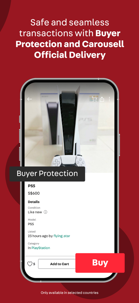 Carousell app screenshot featuring a PS5 listing with Buyer Protection and secure checkout options