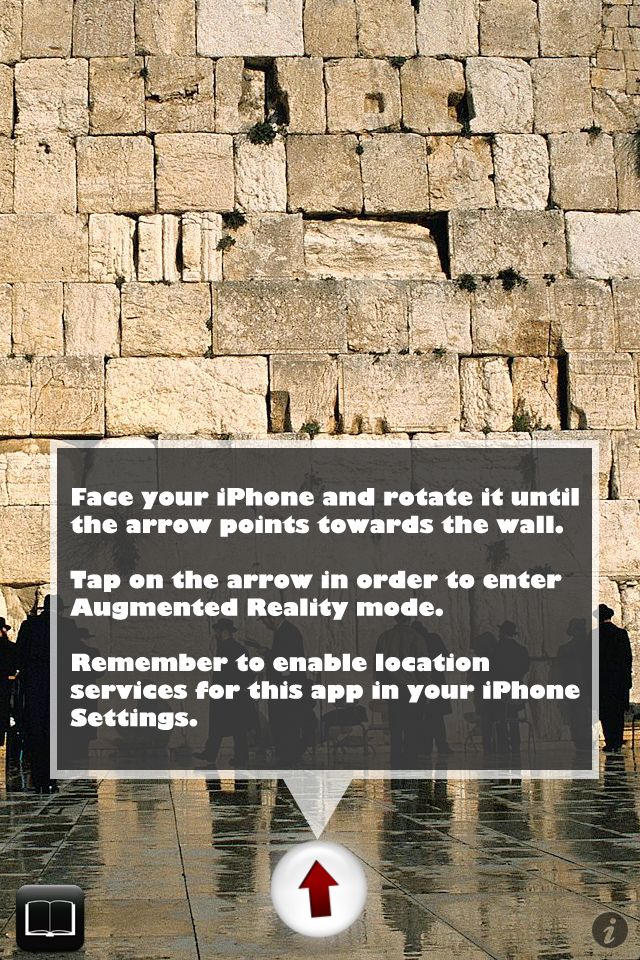 Where's Jerusalem? - Écran d'instructions pour l'application Où est Jérusalem ? affichant le Mur occidental et les instructions de navigation en réalité augmentée