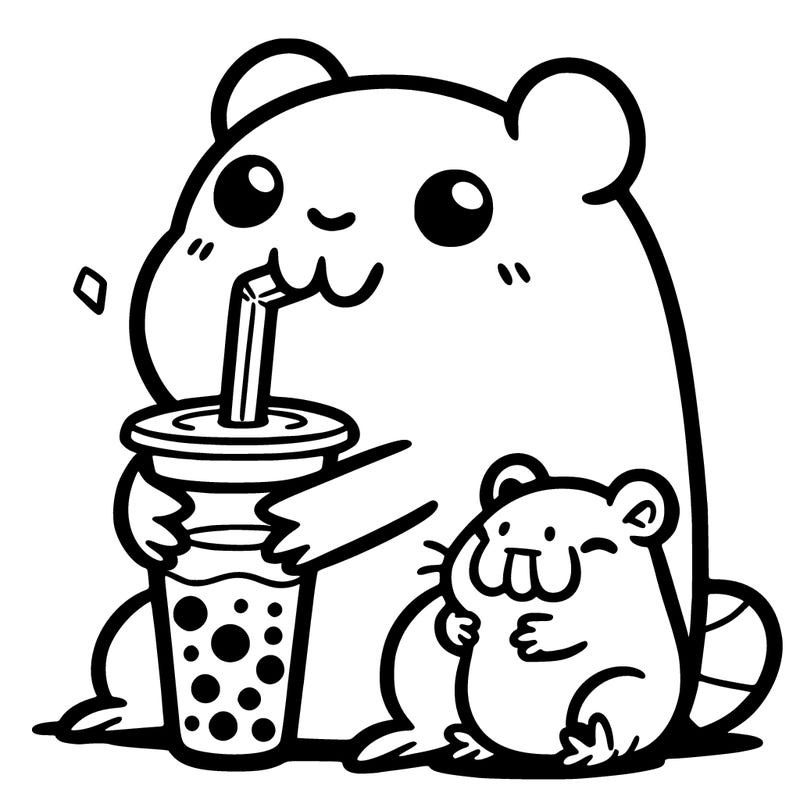cute frog drinking boba with a capybara