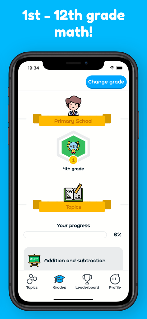 Math learning app interface showing the primary school 4th grade level and progress tracker