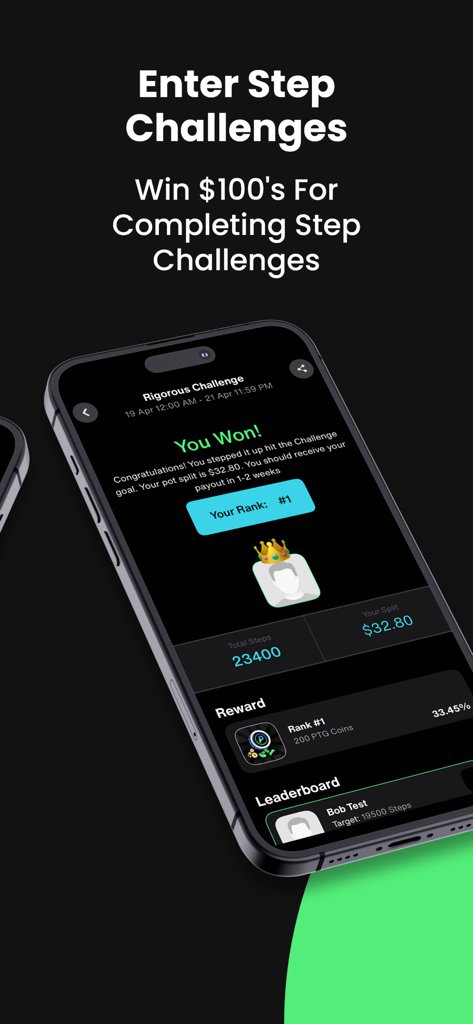 PaidToGo - Walk & Earn Cash - PaidToGo app interface showing a first place rank and cash reward for completing a step challenge.