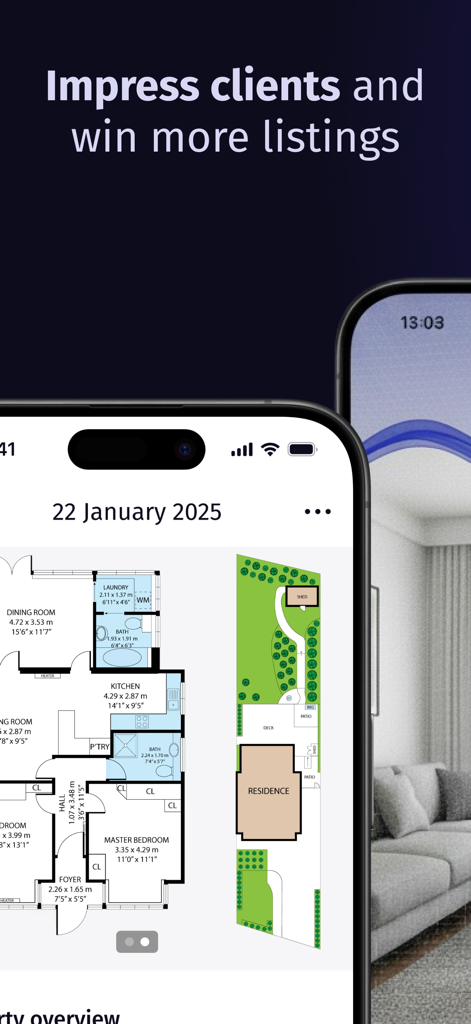 Roomio: floor plan creator - iPhone上の詳細な2D住宅間取り図と物件敷地レイアウトを示すRoomioアプリのインターフェース。