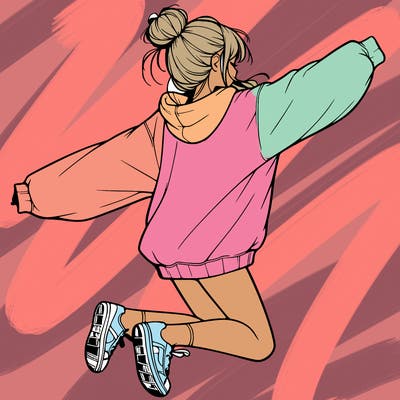 realistic girl jumping with a bun and oversized sweatshirt
