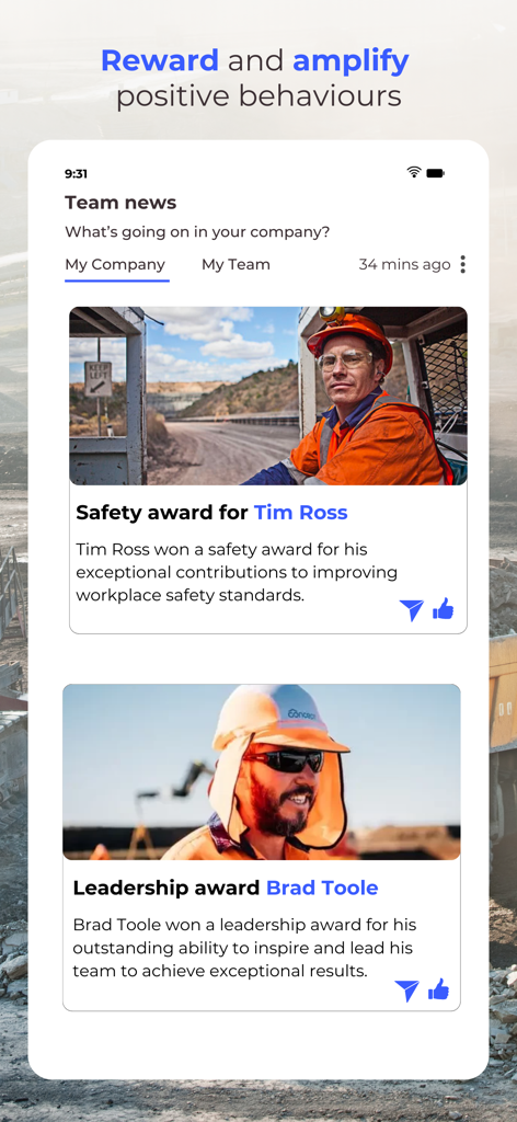 Ringo. - 産業労働者向けの安全およびリーダーシップアワードを備えたチームニュースフィードを表示するRingoアプリインターフェイス