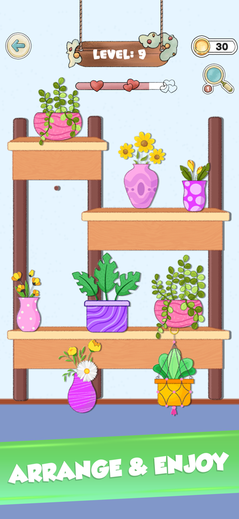 Arrange Them Little Right 2 - Gameplay screen of Arrange Them Little Right 2 showing a plant sorting puzzle on a shelf.