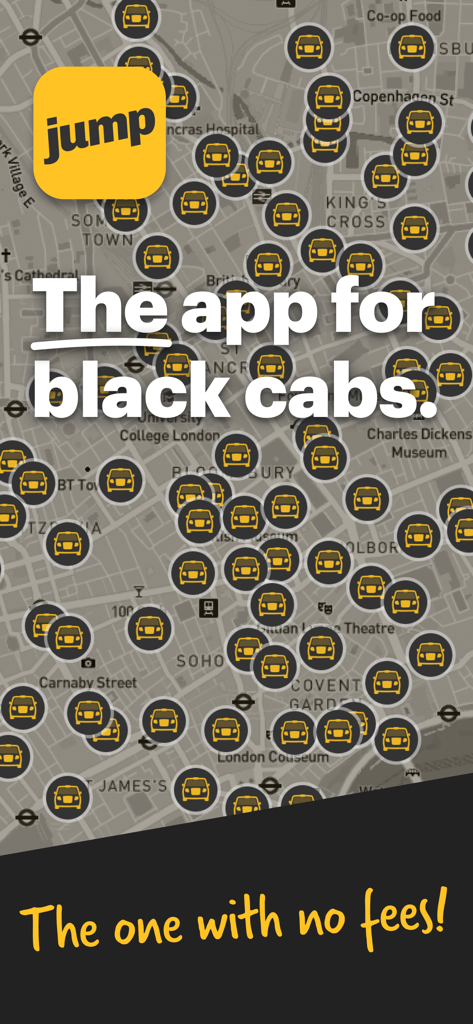 jump taxi - Jump taxi app showing a map of London filled with black cab icons and text stating the app has no fees.
