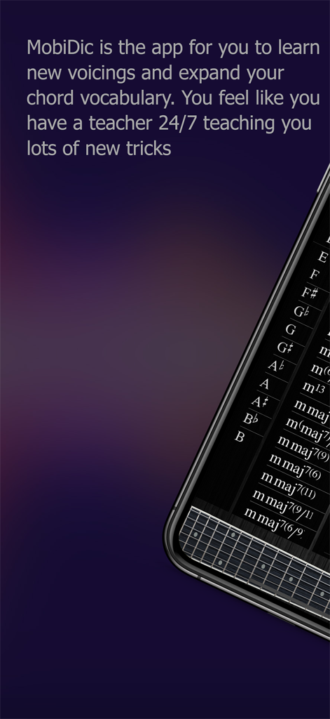 Mobidic Guitar Chords - Mobidic app screen displaying a list of guitar chords and voicings with a fretboard visual