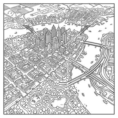 Immerse yourself in a fascinating aerial perspective of a vibrant city with this intricate coloring page. Discover towering skyscrapers, winding roads, and serene parks waiting for your creative touch.