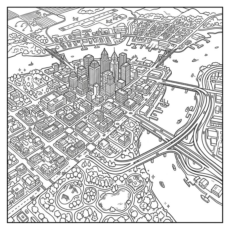Immerse yourself in a fascinating aerial perspective of a vibrant city with this intricate coloring page. Discover towering skyscrapers, winding roads, and serene parks waiting for your creative touch.