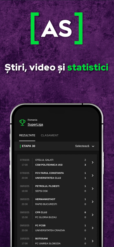 AntenaSport - AntenaSport mobile app displaying Romanian SuperLiga soccer results and match scores