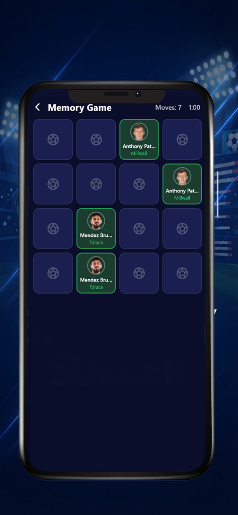 A football-themed memory match game screen within the SportzFy app featuring soccer player cards