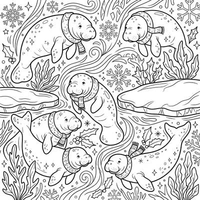 Discover the charm of manatees enjoying a whimsical winter wonderland, complete with festive scarves and snowy elements. This delightful coloring page offers a unique blend of marine life and holiday spirit for endless creative fun.