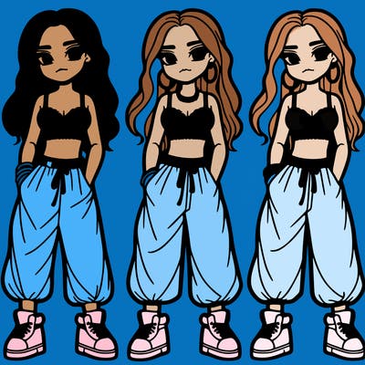 girl in baggy pants crop top and long hair