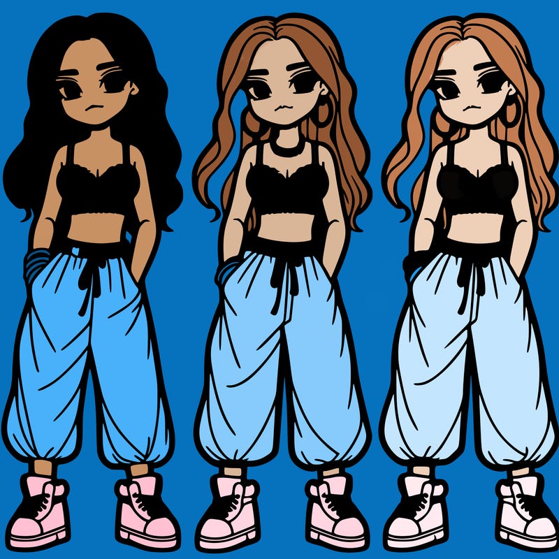 girl in baggy pants crop top and long hair