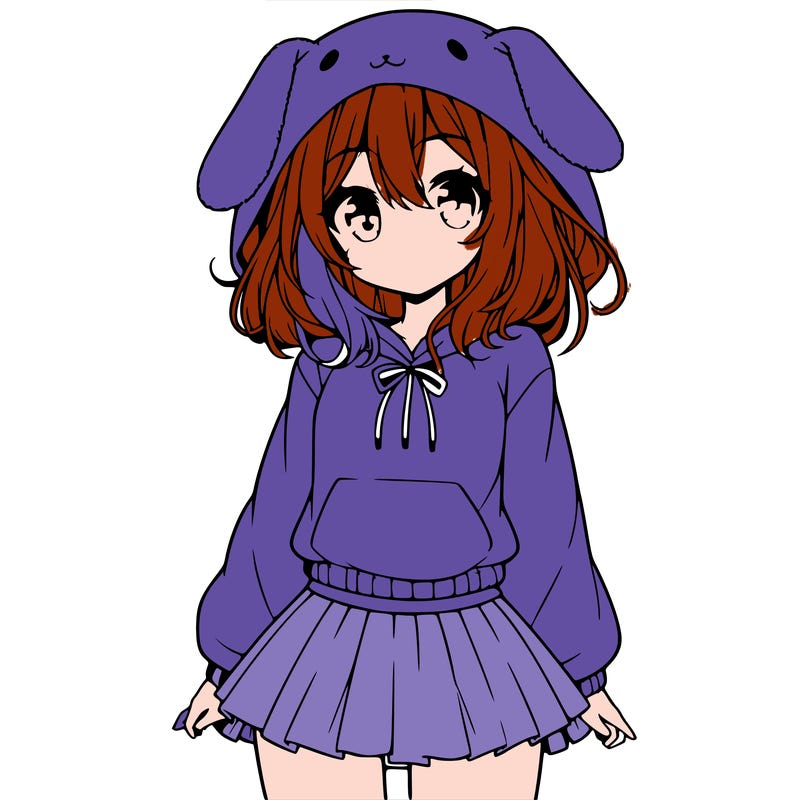 pretty anime girl wearing a fluffy hoodie with bunny ears on the hood and a skirt