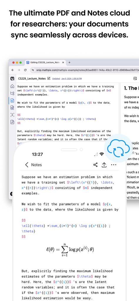 Mathpix Snip interface showing synchronized research notes across mobile and desktop devices