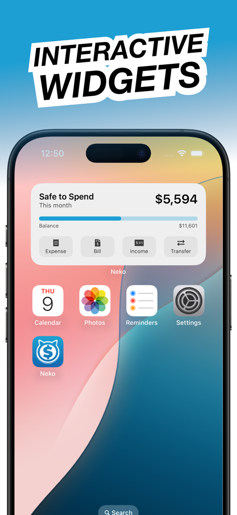 NEKO: Budget & Bill Organizer - iPhone home screen displaying the NEKO app interactive widget with Safe to Spend balance and quick action buttons