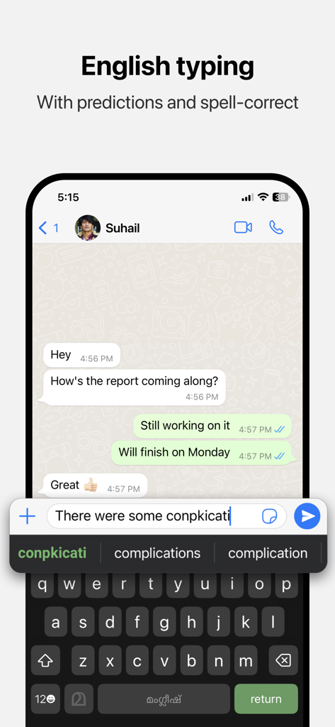 Manglish Keyboard - Manglish Keyboard showing English typing with word predictions and spell-correct features in a messaging app