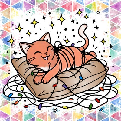 a cat happily tangled in glowing lights, lounging on a big cushion, clean lines, simple design, uncomplicated, tatoo desing