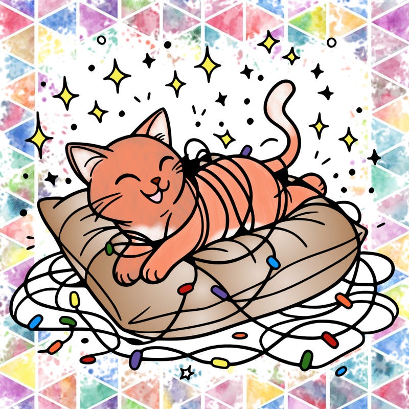 a cat happily tangled in glowing lights, lounging on a big cushion, clean lines, simple design, uncomplicated, tatoo desing