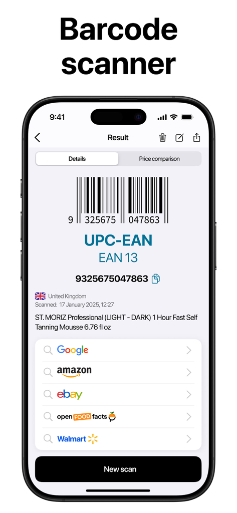 Barcode Scanner & Readerㅤㅤ - Tela do aplicativo de smartphone mostrando um código de barras EAN-13 digitalizado com detalhes do produto e links para Amazon, eBay e Walmart para comparação de preços