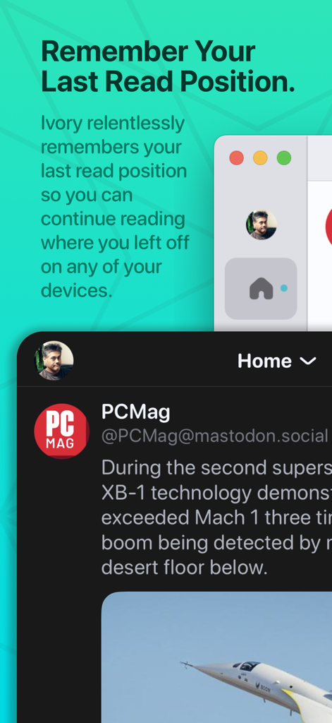 Ivory for Mastodon app interface showing timeline position sync across iPhone and Mac