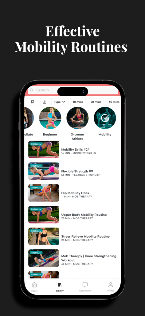 ZGYM - ZGYM app interface displaying a list of mobility and flexibility workout routines on an iPhone.