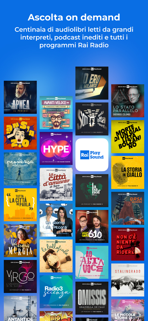 RaiPlay Sound: radio e podcast - RaiPlay Sound アプリでオンデマンドで利用できる、カラフルなイタリアのポッドキャストやオーディオブックのカバーのコレクション。