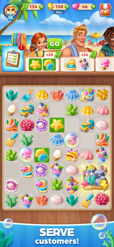 Plateau de puzzle de fusion avec des articles de plage tropicaux comme des coquillages et des glaces pour servir les clients.