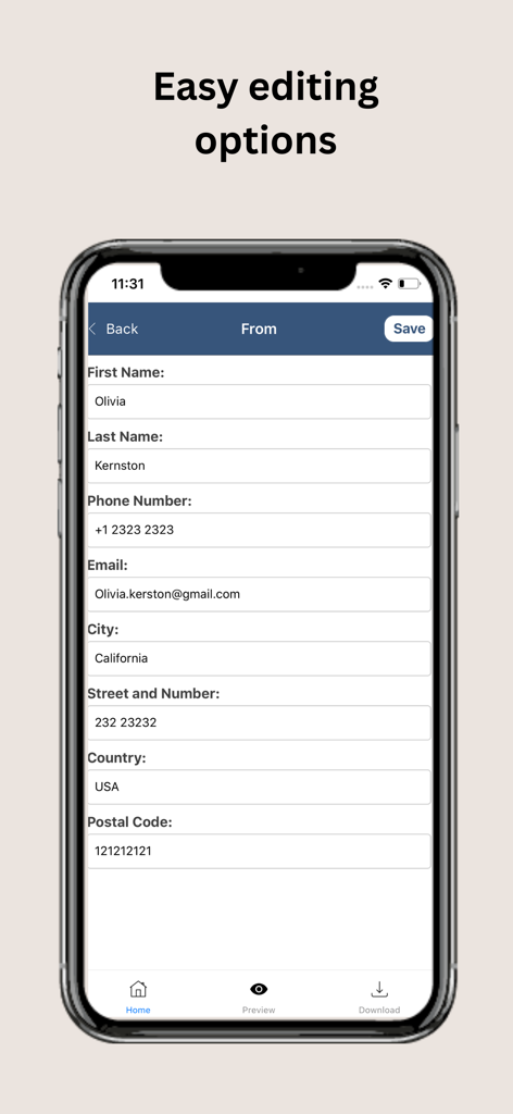 Uma tela de iPhone mostrando um formulário de informações de perfil dentro do aplicativo Cover Letter Creator para inserir detalhes pessoais como nome, número de telefone e endereço.