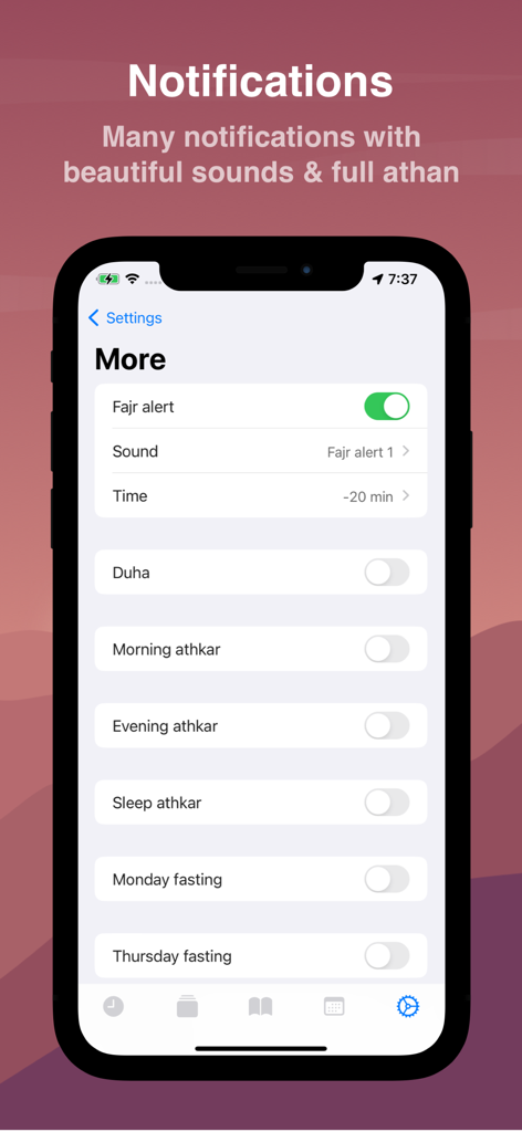 Moatheni: Muslim Prayer Times - Schermata delle impostazioni di notifica dell'app Moatheni che mostra avvisi per i tempi di preghiera, Athkar e il digiuno.