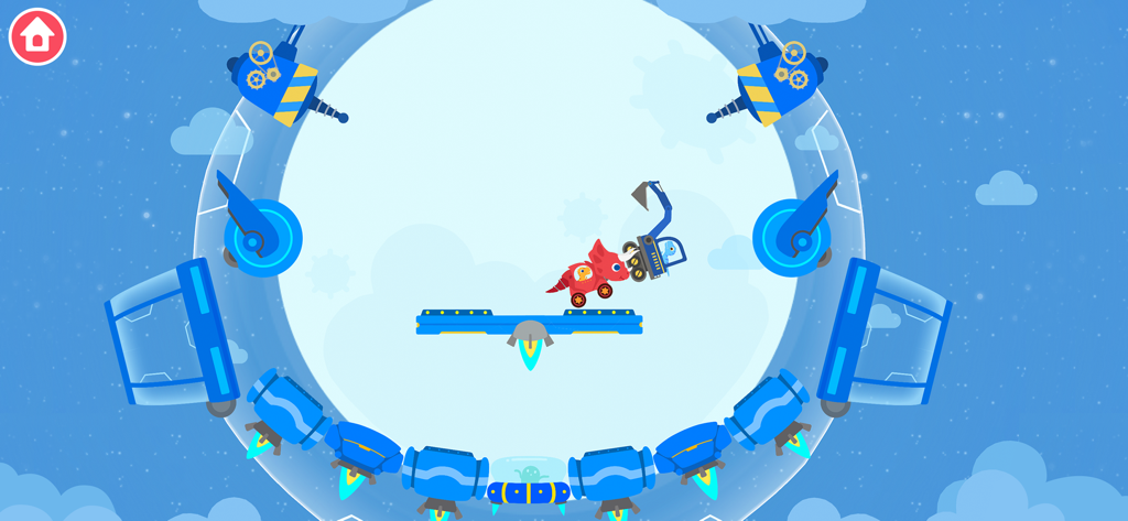 Une voiture de dinosaure rouge et une voiture excavatrice bleue dans une arène spatiale circulaire.