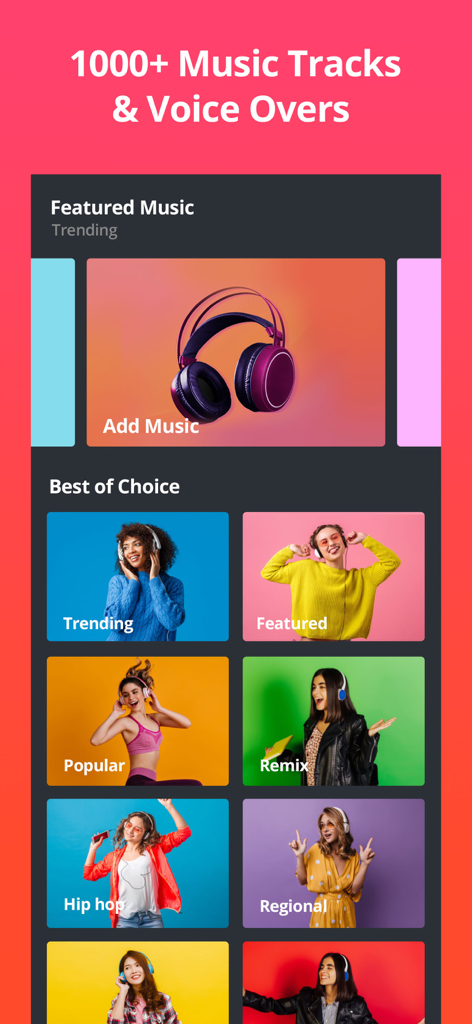 Video Plus - Music Editor Crop - Screenshot of the Video Plus app music selection screen showing categories like trending popular and hip hop with over 1000 tracks available