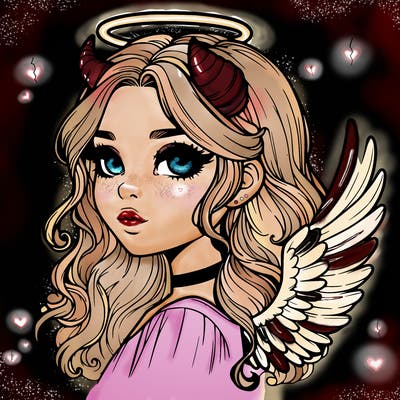 realistic girl with horns and wings and halo