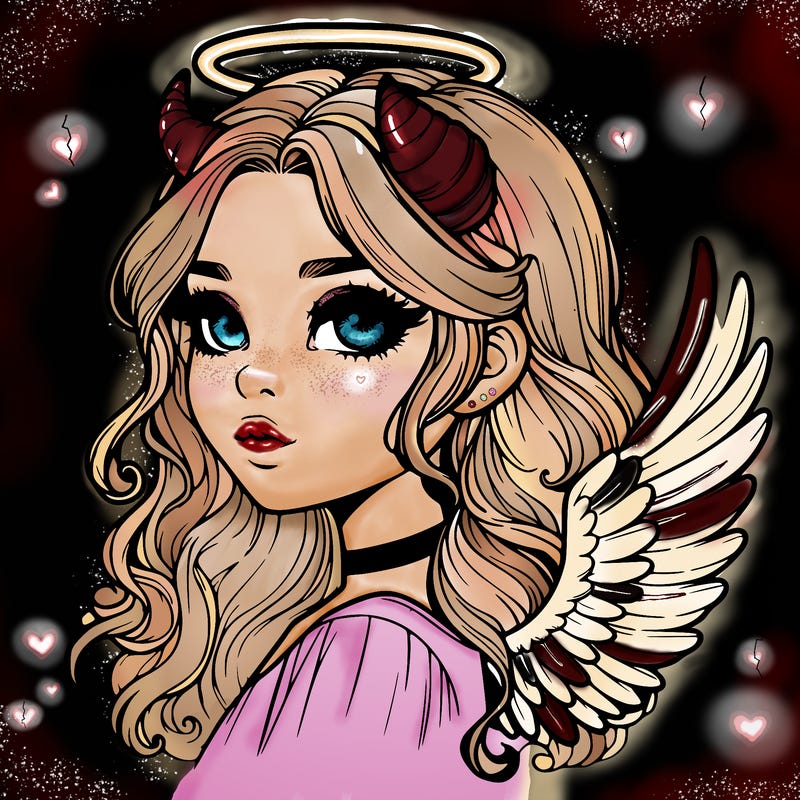 realistic girl with horns and wings and halo