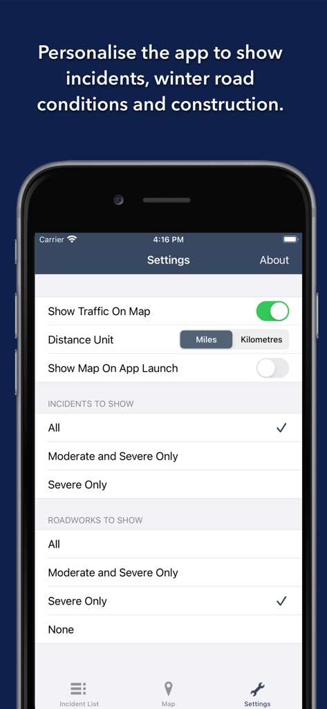 Settings screen of the South Carolina State Roads app showing options to customize traffic incidents and roadwork alerts.