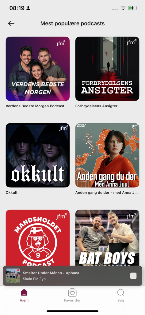 Skala FM - Screenshot of the popular podcasts section in the Skala FM Danish radio app