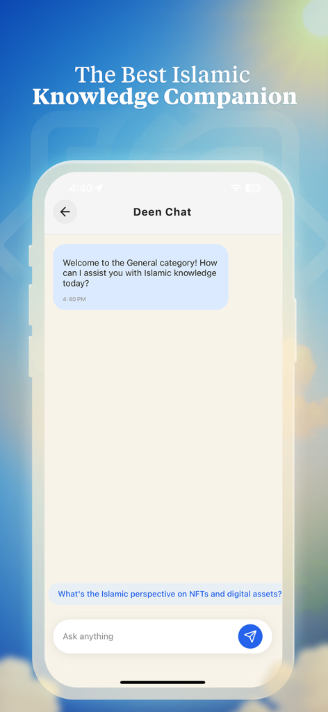 A mobile interface of the Deen Chat app showing a conversation with an Islamic AI knowledge companion about digital assets.