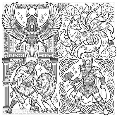 Dive into a world of ancient power and legendary tales with this captivating coloring page featuring iconic mythological figures. Bring to life the divine strength of gods, the mystical charm of goddesses, and the epic adventures of heroes from various cultures.