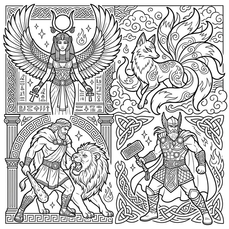 Dive into a world of ancient power and legendary tales with this captivating coloring page featuring iconic mythological figures. Bring to life the divine strength of gods, the mystical charm of goddesses, and the epic adventures of heroes from various cultures.