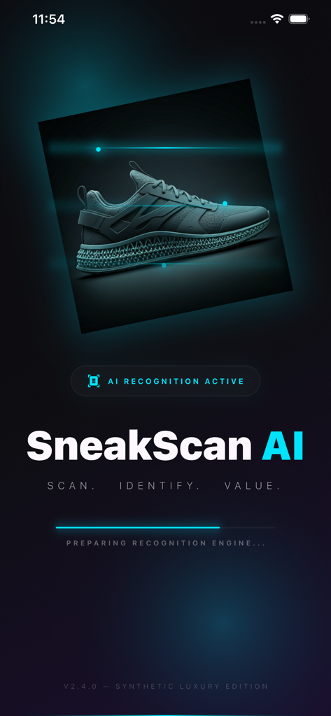 SneakScan AI mobile app interface showing a sneaker being scanned for identification and value.