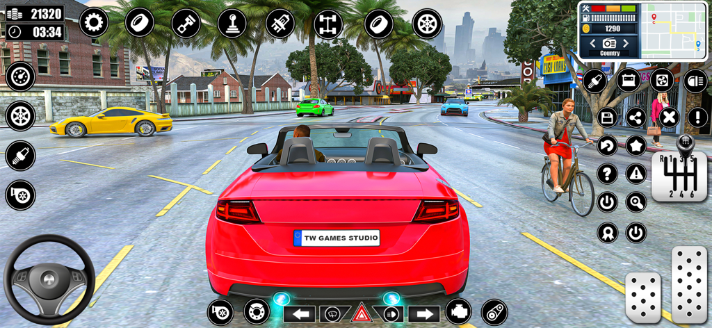 City Driving School Car Games - A red convertible driving through a city street in City Driving School Car Games with visible steering and pedal controls