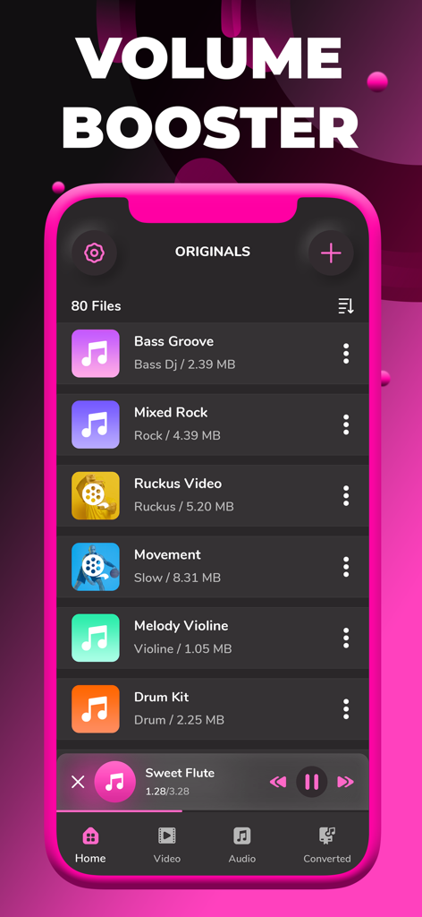 Volume Booster app interface showing a list of audio and video files with a playback bar at the bottom.